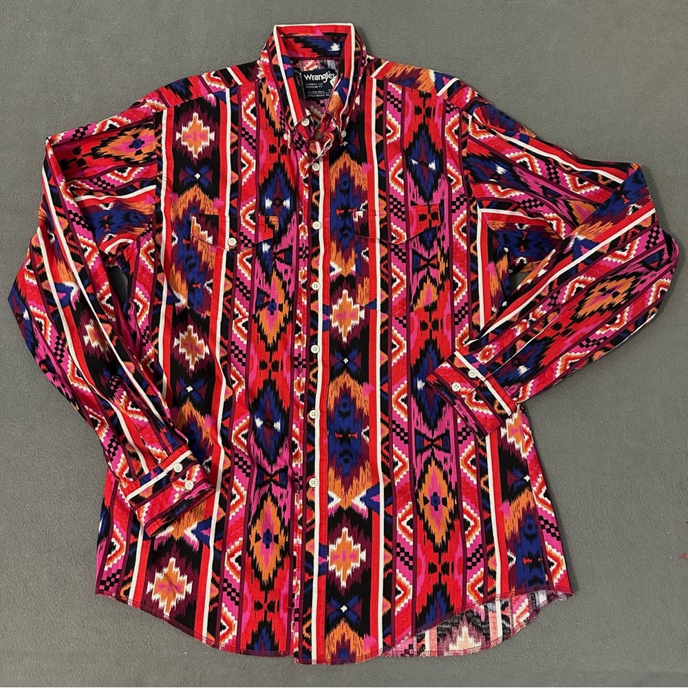 Vintage 90s Wrangler Aztec Southwest Long Sleeve Button Down Shirt Mens 17-36